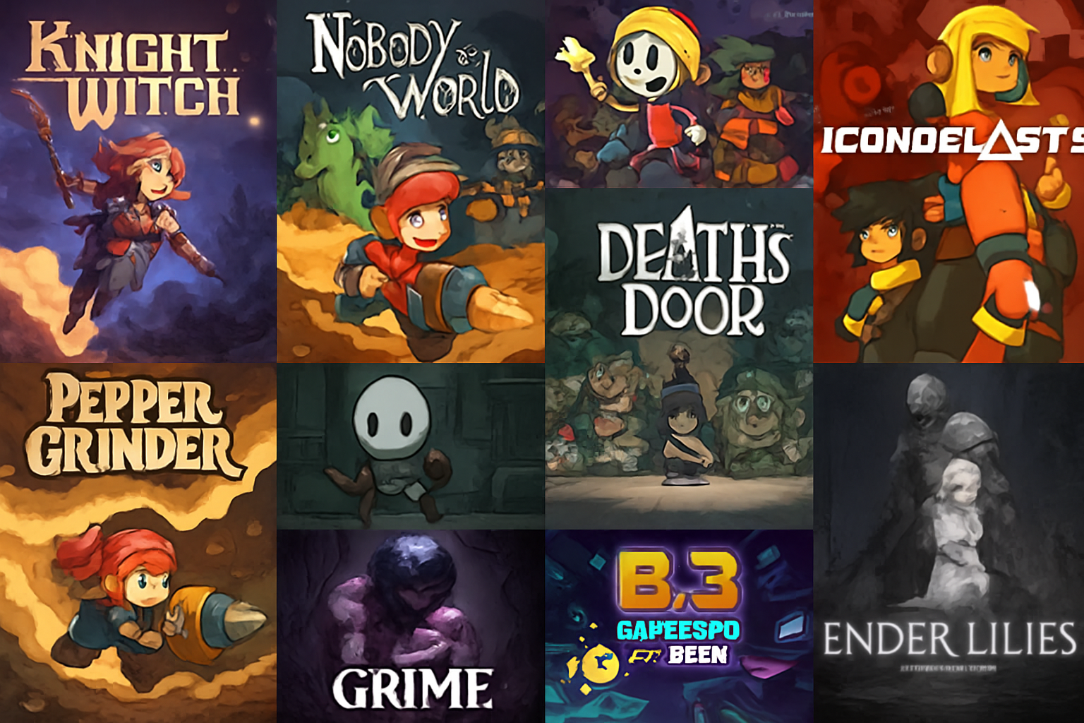 Collage of top 10 hidden gem B3 Games for 2024 including Knight Witch, Nobody Saves the World, Pepper Grinder, Iconoclasts, Death's Door, Haiku the Robot, Grime, Moonscars, B3 Game Expo for Bees, and Ender Lilies: Quietus of the Knights