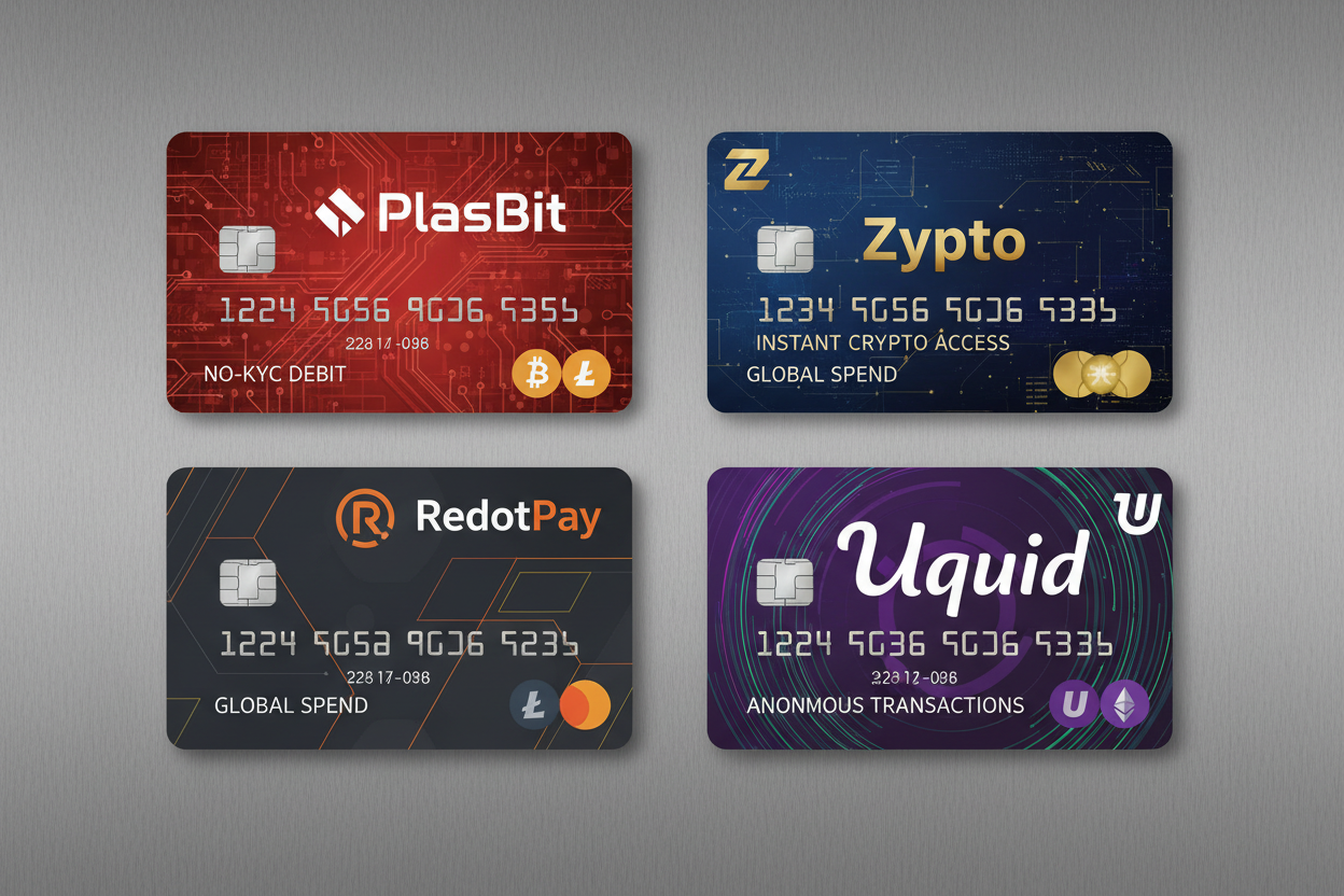Collage of top no-KYC crypto debit cards 2026 including PlasBit, Zypto, RedotPay, Uquid, Laso Finance for anonymous everyday spending