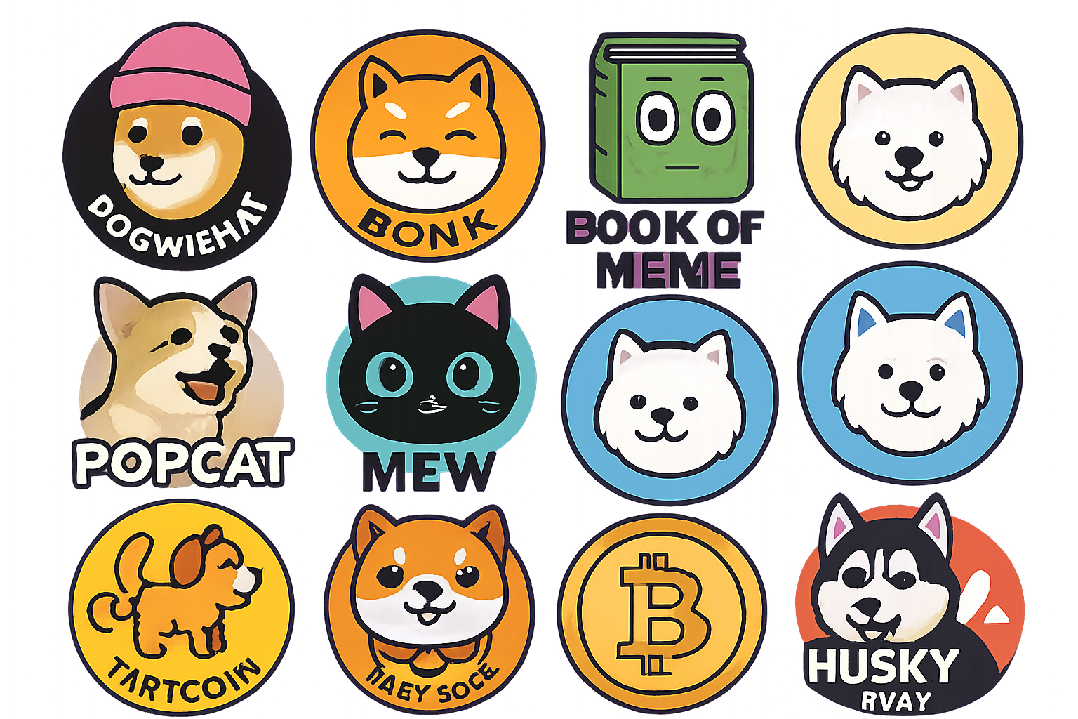Collage of top Solana memecoin logos for 2025 including Dogwifhat, Bonk, Popcat, Book of Meme, MEW, Samoyedcoin, Fartcoin, Baby Doge Coin, Dog (Bitcoin), and Husky Avax