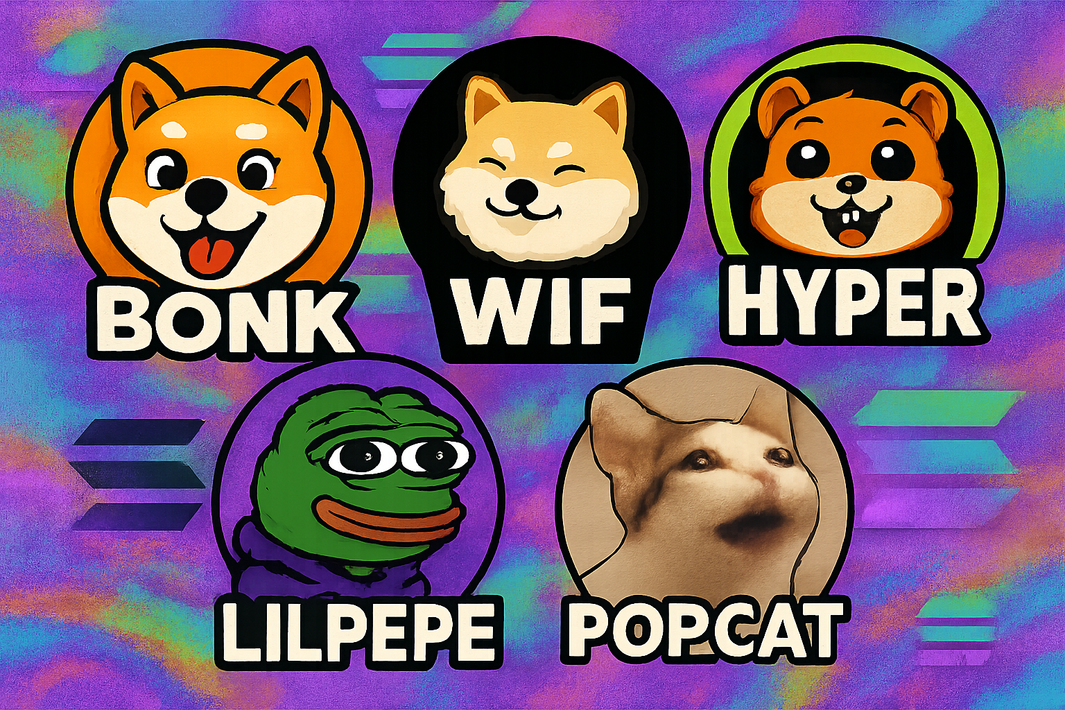 Collage featuring top Solana memecoins for 2025: Bonk (BONK), Dogwifhat (WIF), Bitcoin Hyper (HYPER), Little Pepe (LILPEPE), and Popcat (POPCAT) mascots and logos, representing trending Solana tokens to watch.