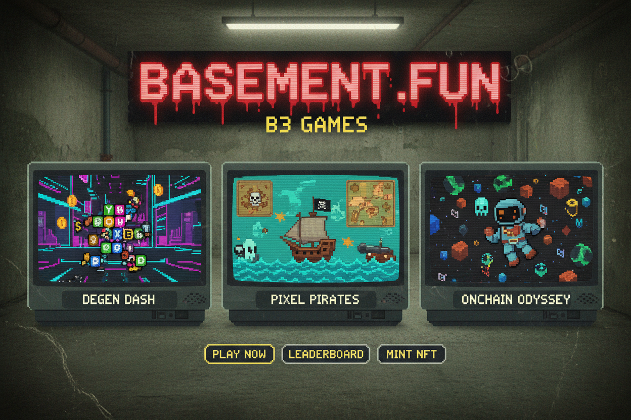 Collage of top B3 games on Basement.fun interface featuring Degen Dash, Pixel Pirates, Onchain Odyssey, Block Party B3, Crypto Critters, Phantom Chain Zero, Daybreak Arcade, Token Trails, Basement Brawlers for gamers in 2026