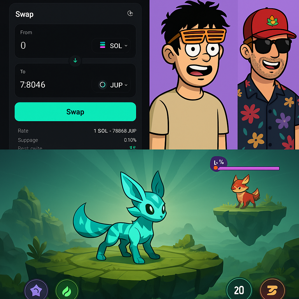 Collage featuring Jupiter DEX user interface, Mad Lads NFT artwork, and Genopets game app on Solana