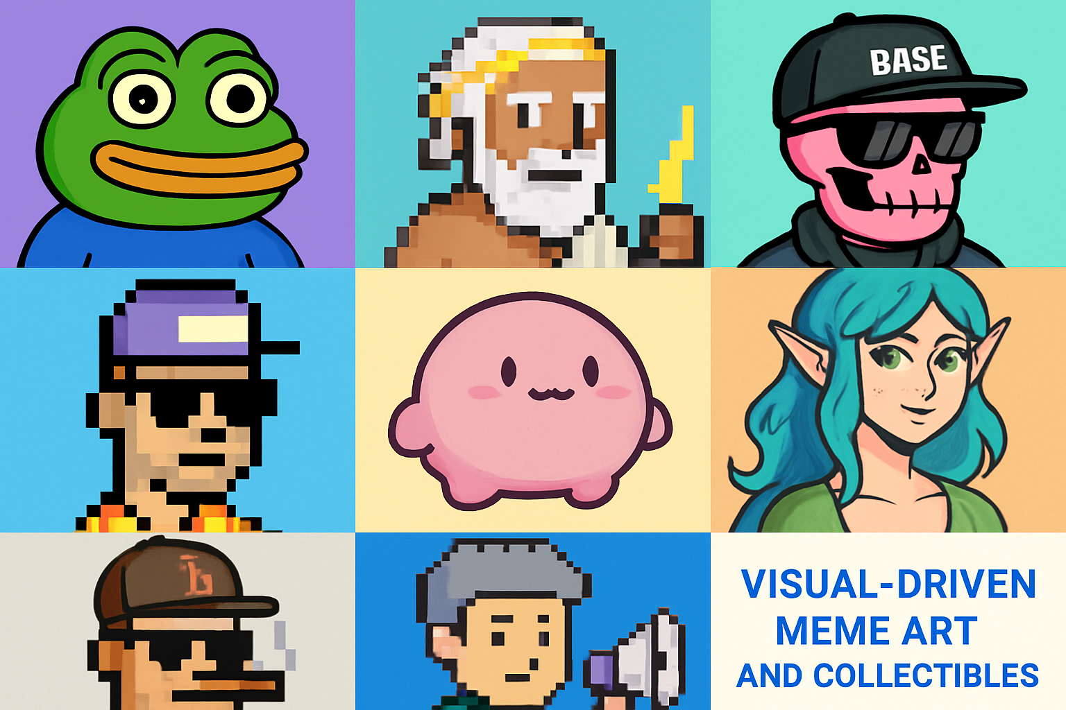 Collage of top visual-driven NFT projects on Base chain featuring Tiny Based Frog, Base Gods, Based Fellas, NFToshis, Mochimons, Onchain Gaias, and Boredcaster, highlighting meme art, collectibles, and creator coins culture.