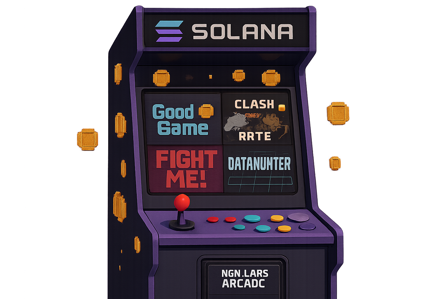 Colorful arcade cabinet featuring the Solana logo with pixelated coins flying out, representing top Solana arcade games like GoodGame, Clash of Rats, Fight Me!, DATAHUNTER, and NBN Labs Arcade in 2025.