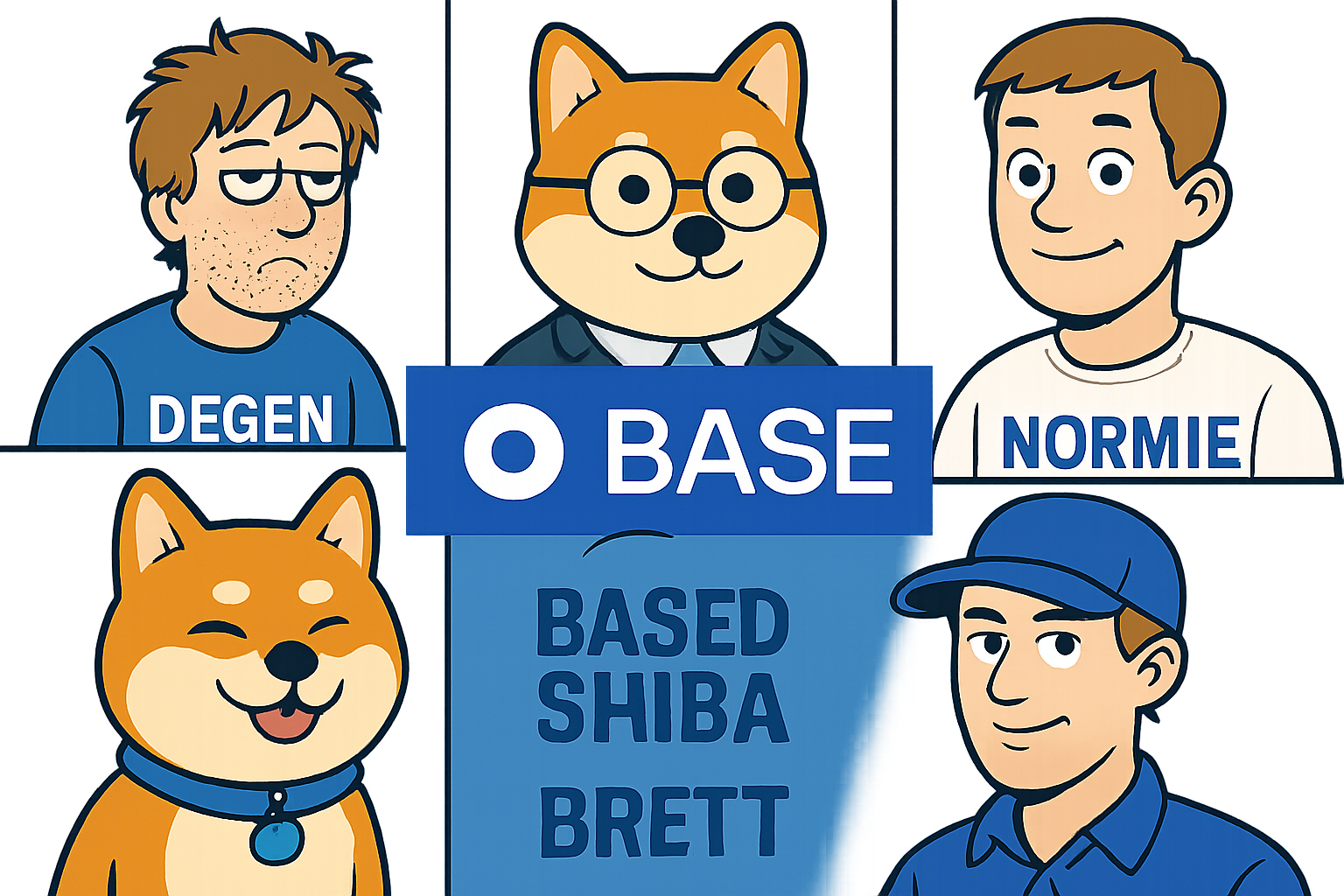 Colorful collage featuring Brett, Toshi, Degen, Based Shiba, and Normie mascots with Base chain branding, highlighting top Base meme coins for 2025.