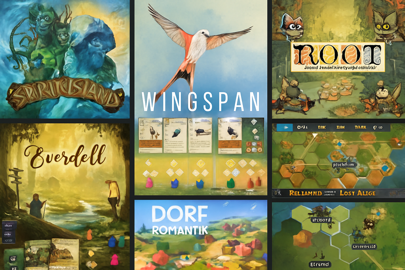 Colorful collage of digital board game screenshots featuring Spirit Island, Wingspan, Root, Everdell, Dorfromantik: The Board Game, Railways of the Lost Atlas, and Hexarchy on Steam