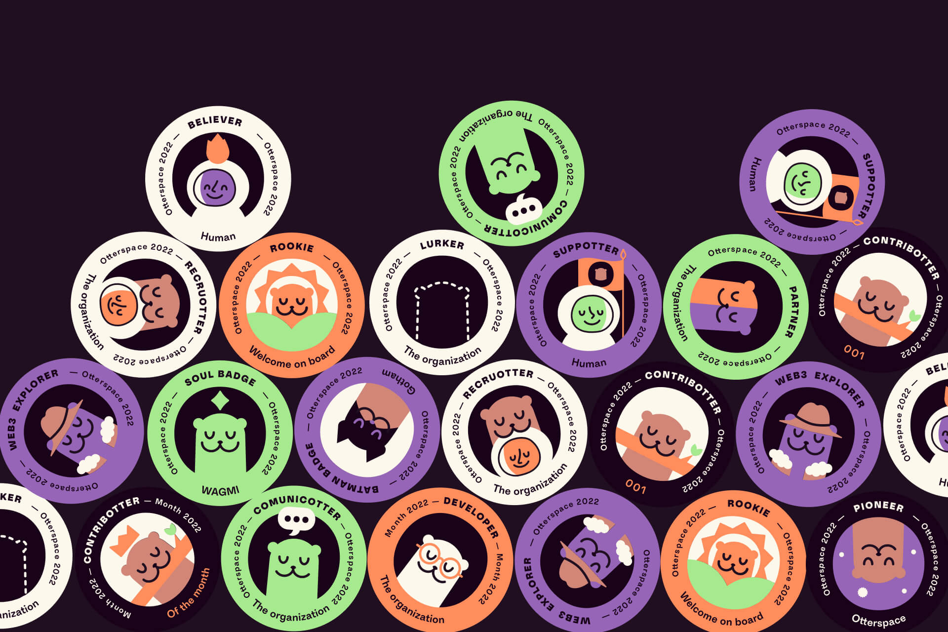 Colorful digital NFT badges representing various DAO roles and achievements, symbolizing contributor recognition and governance participation.