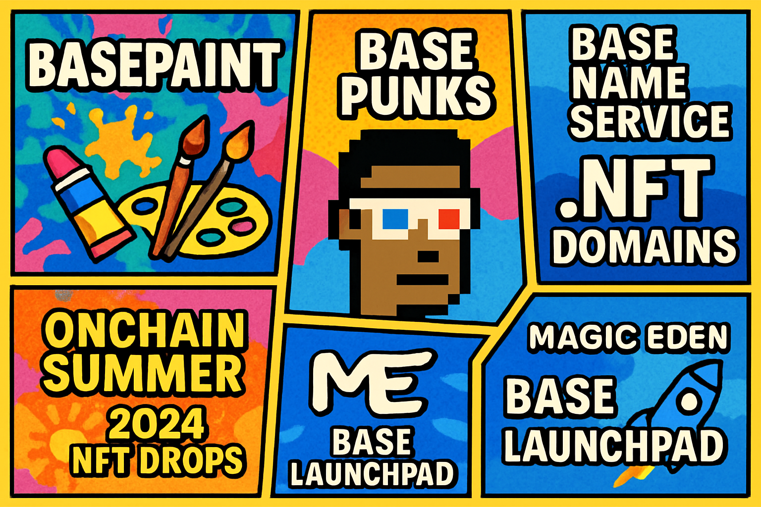 Colorful digital collage featuring BasePaint, Base Punks, Base Name Service NFT Domains, Onchain Summer 2024 NFT Drops, and Magic Eden Base Launchpad—top free mint NFT projects on the Base blockchain.