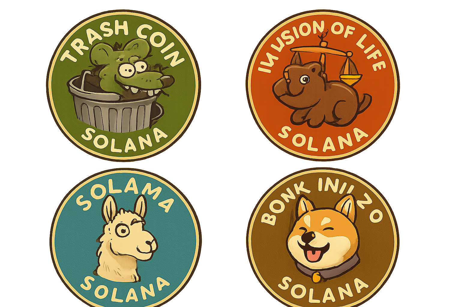 Colorful logos of top emerging Solana meme coins under $3 million market cap in 2025, featuring playful animal mascots for Trash Coin, Illusion of Life, Libra, Solama, and Bonk Inu 2.0.
