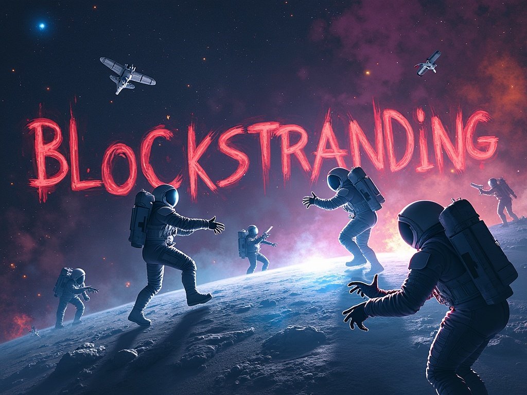 Community-created artwork of base-building in BlockStranding, the Solana onchain MMORPG, showcasing player-built structures and sci-fi environments.