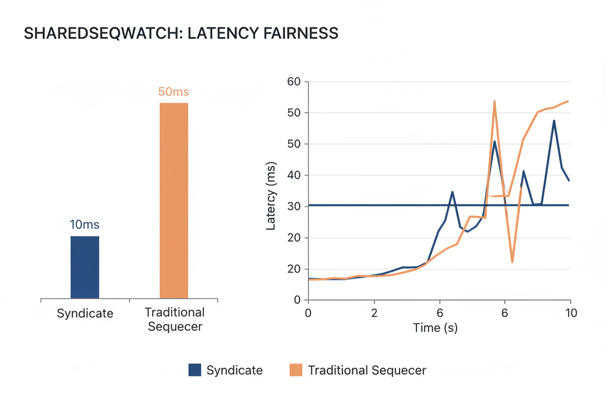 Comparative benchmark chart of Syndicate programmable onchain sequencer vs traditional sequencers showing superior latency and fairness metrics from SharedSeqWatch.com data