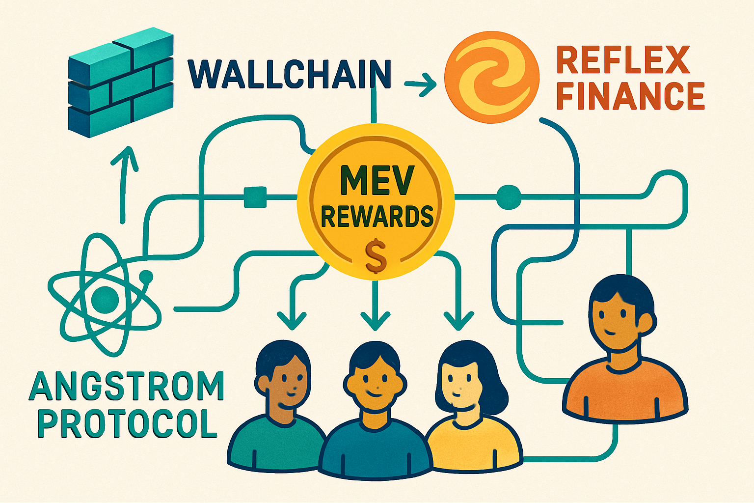 Concept art of blockchain ecosystem showing Wallchain, Reflex Finance, and Angstrom Protocol interconnected, with users receiving MEV rewards through protocol flows