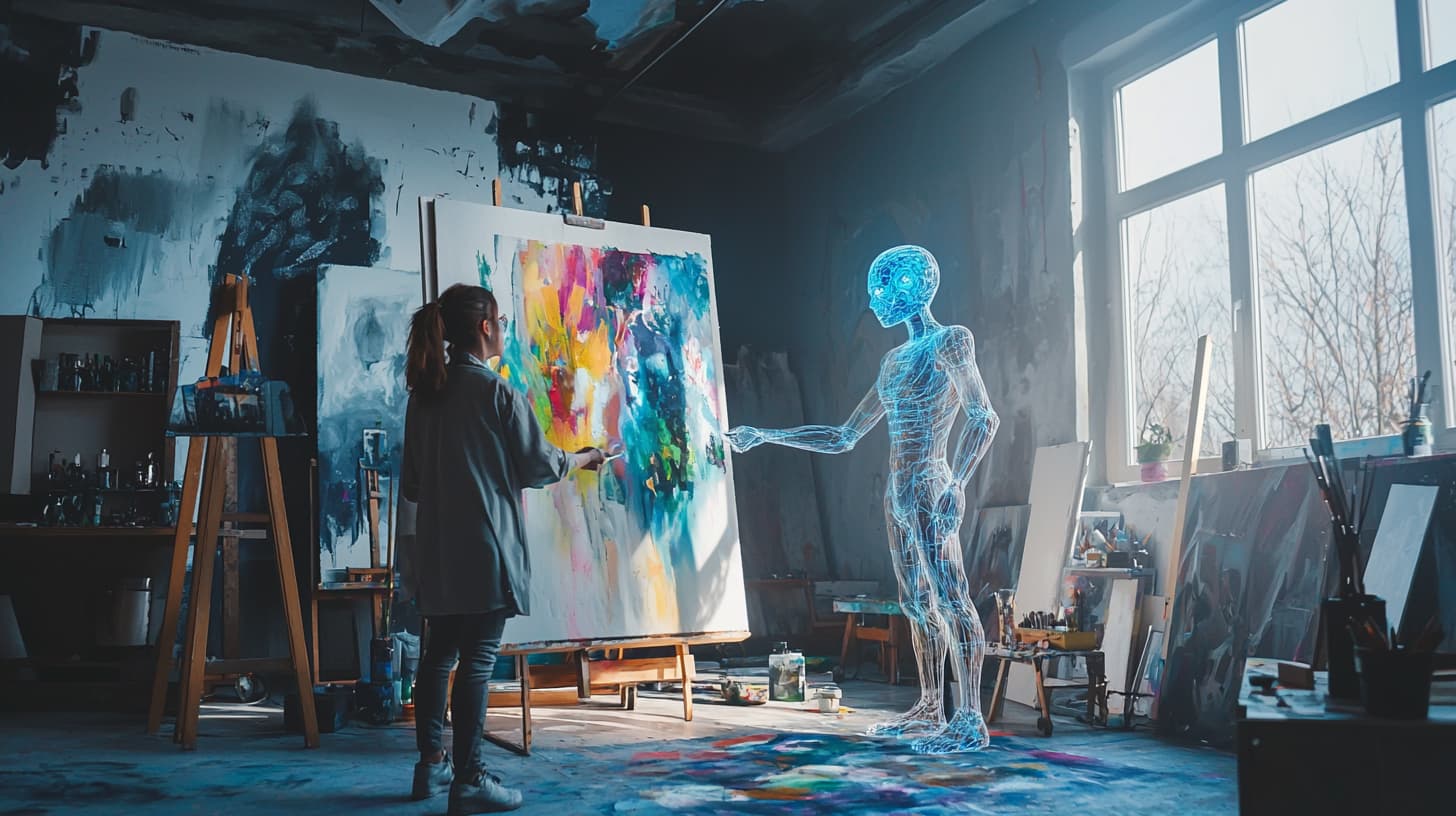 Concept art of AI and human artists collaborating to design a video game environment, highlighting ethical and ownership themes in AI-generated content.