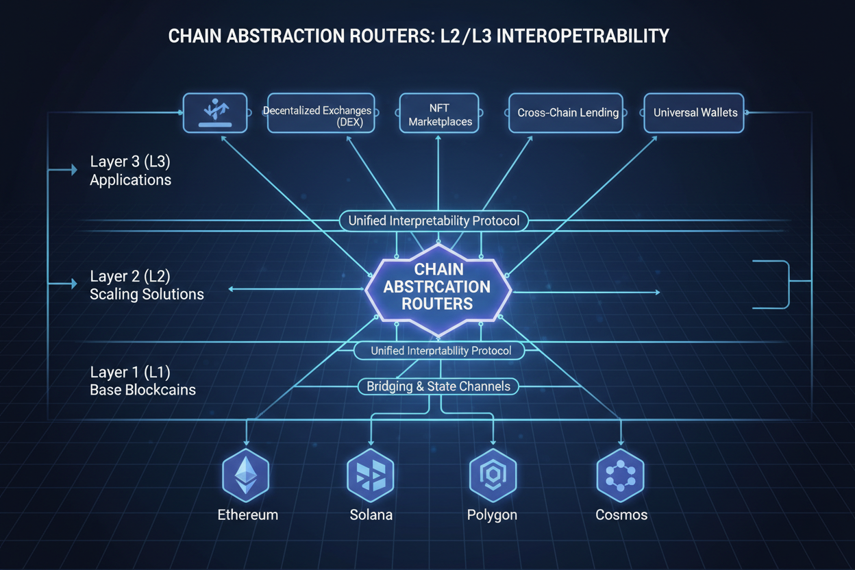 Conceptual diagram of chain abstraction routers connecting Layer 2 (L2) and Layer 3 (L3) blockchains for seamless unified cross-chain user experience (UX)
