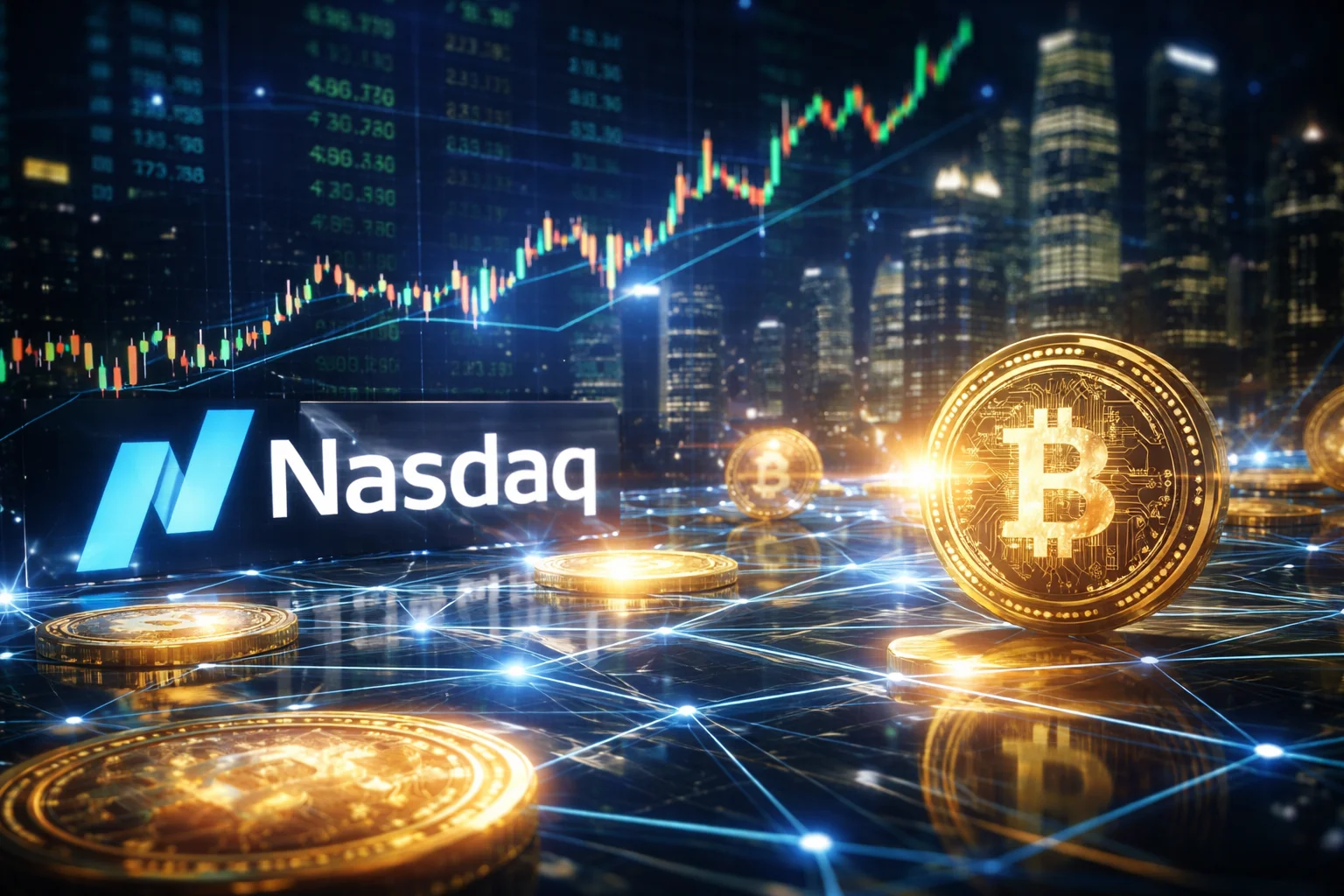Conceptual graphic illustrating Russell 1000 stocks and S&P 500 ETFs tokenizing on Nasdaq blockchain rails for SEC-approved pilot program