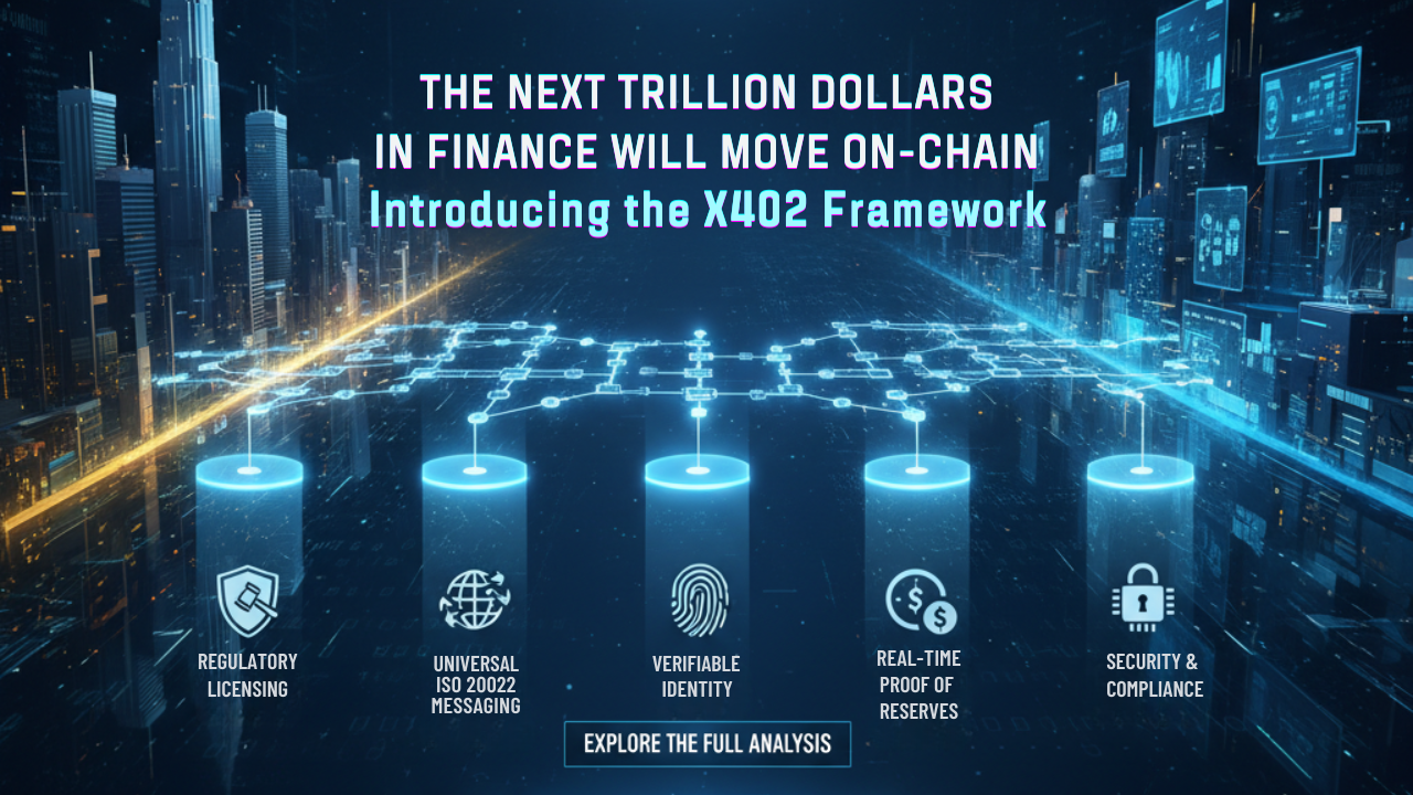 Conceptual blockchain bridges connecting ISO 20022 traditional finance messages to onchain KYC attestations for compliant DeFi and blockchain identity verification