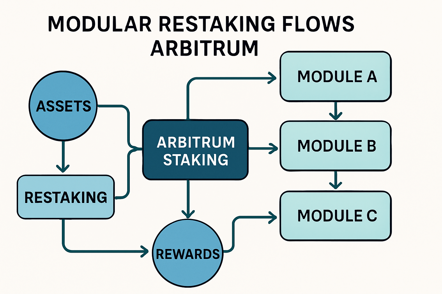 Conceptual illustration of modular restaking flows on Arbitrum, showcasing interconnected DeFi protocols, asset movement, and enhanced security within the Arbitrum ecosystem.
