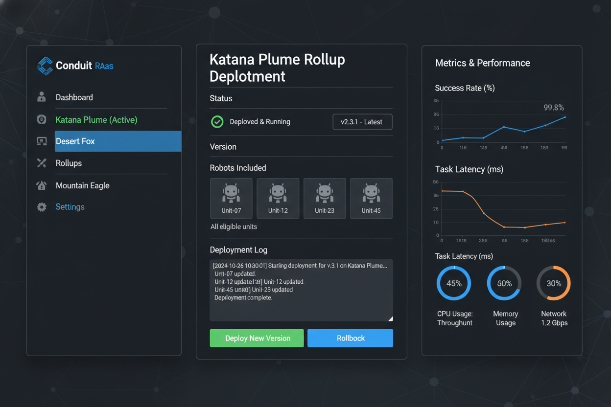 Screenshot of Conduit RaaS dashboard interface for quick custom rollup deployment on chains like Katana and Plume Network, showcasing streamlined blockchain setup