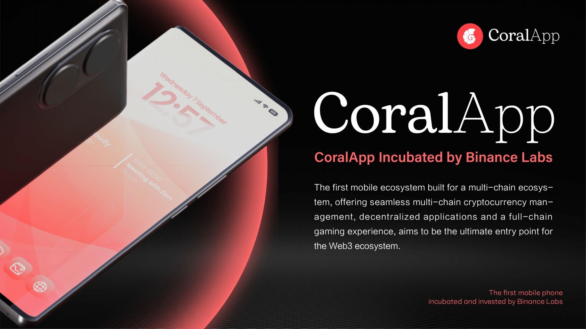 CoralPhone displaying its multi-chain Web3 wallet interface, highlighting support for BNB Chain, Solana, and other blockchains, with a modern smartphone design.