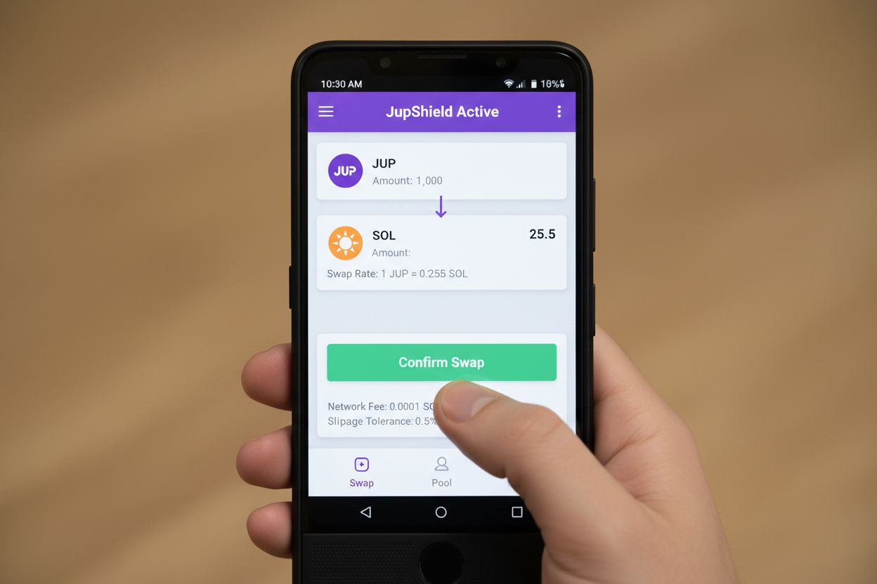 Crisp screenshot of Jupiter Mobile app JupShield interface activating during high-speed Solana token swap on Saga phone