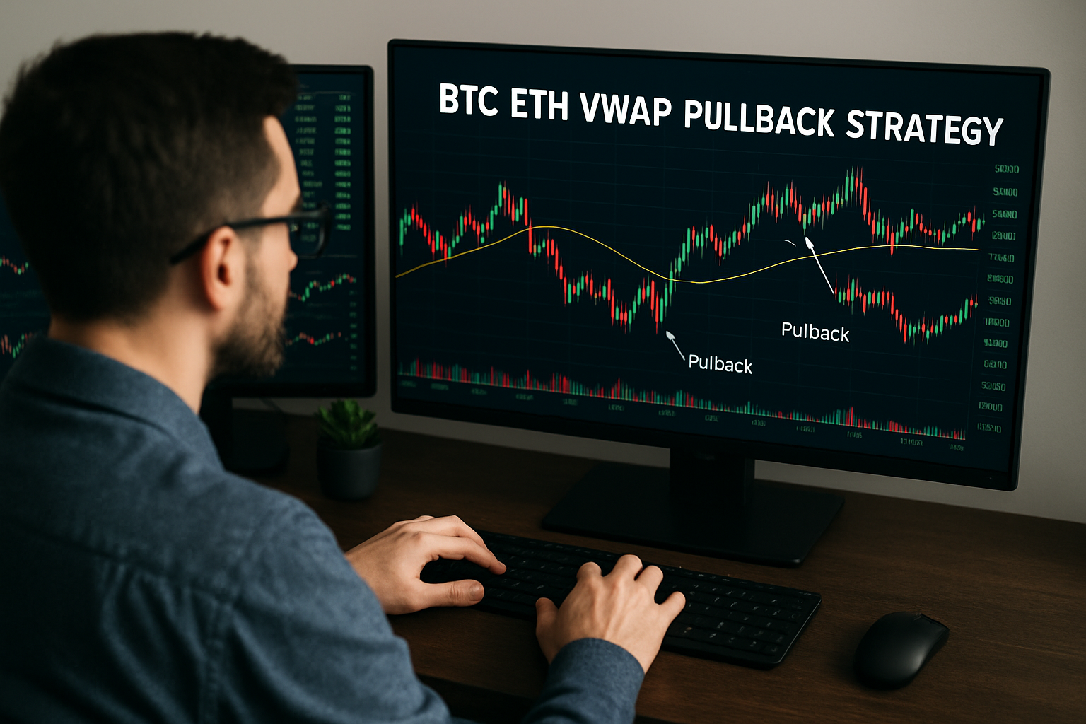 Crypto trader at a workstation analyzing BTC and ETH charts for VWAP pullback strategy, with digital trading screens and modern office setting
