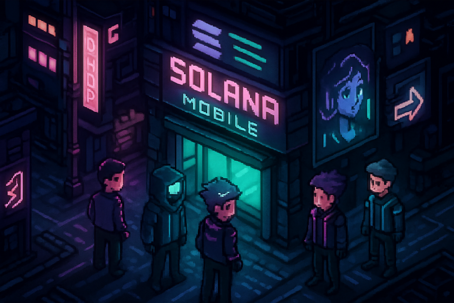 Cyberpunk isometric game world from Blockstranding showing player avatars exploring a neon-lit cityscape on Solana Mobile