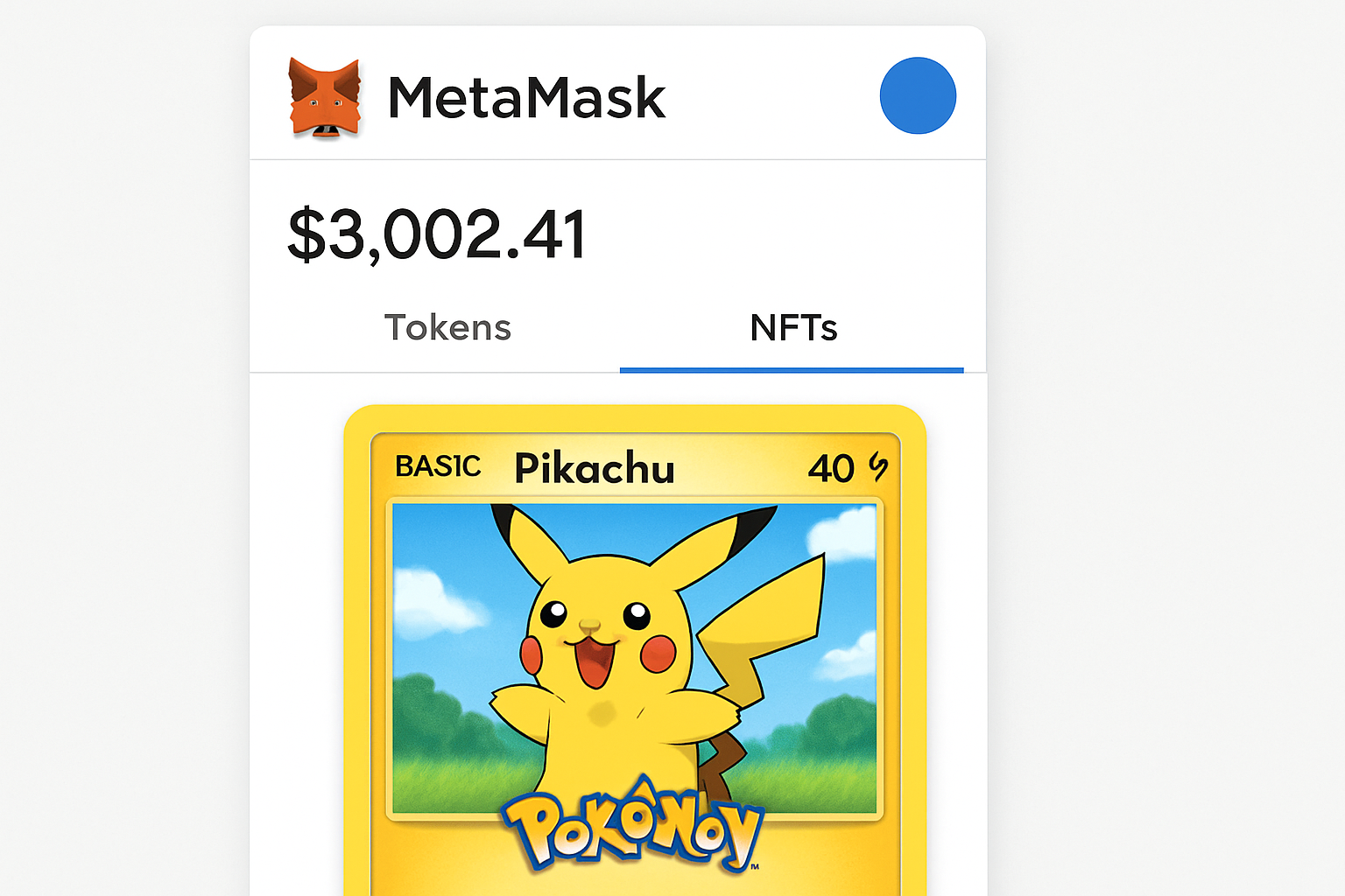 MetaMask wallet Pokémon NFT interface