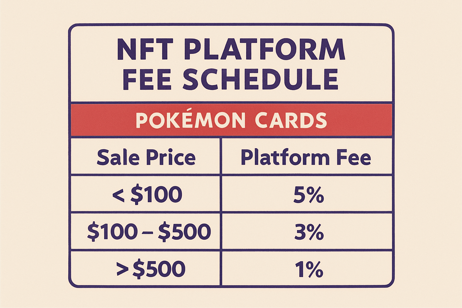 NFT platform fee schedule for Pokémon cards