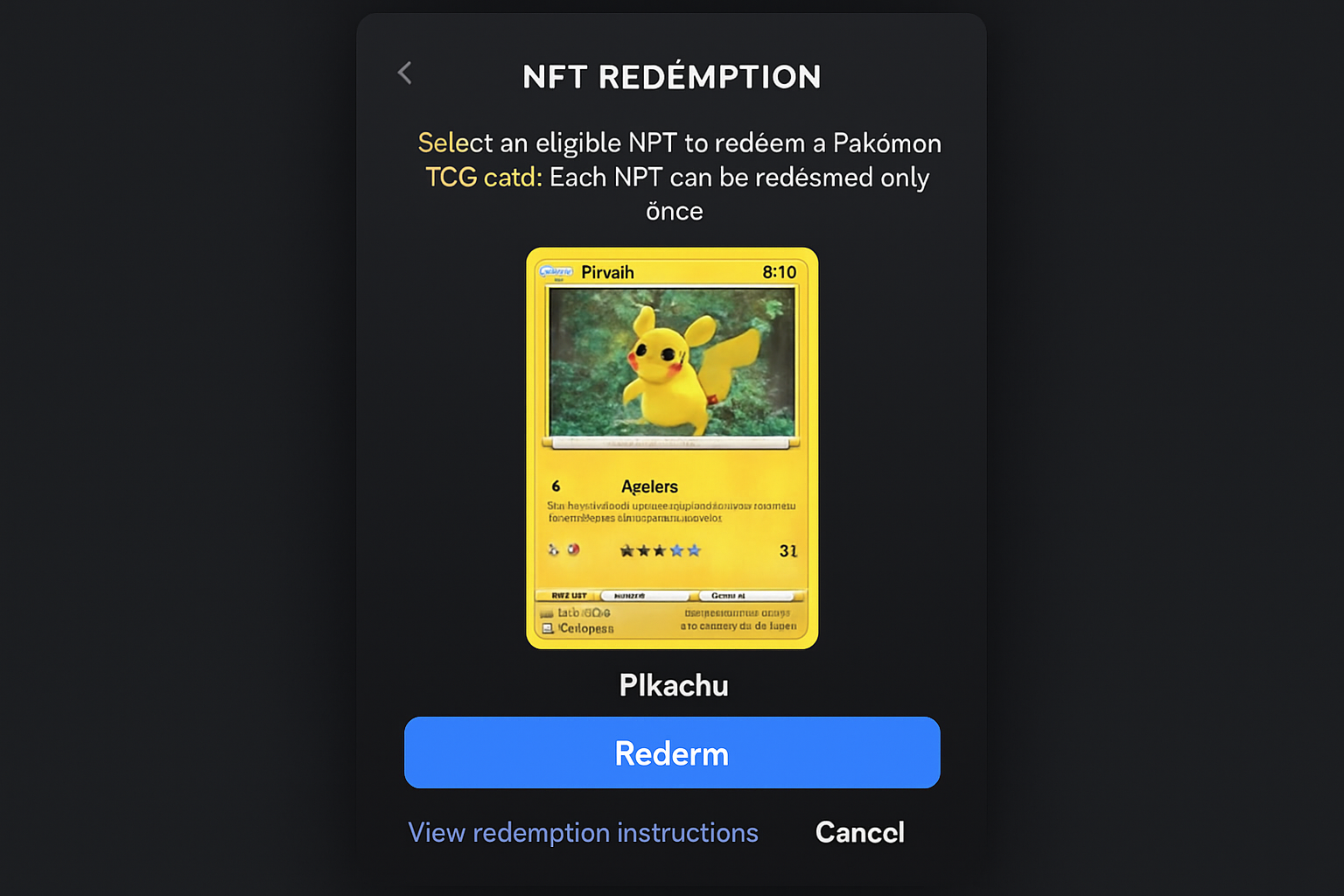 Pokémon card NFT redemption process screenshot