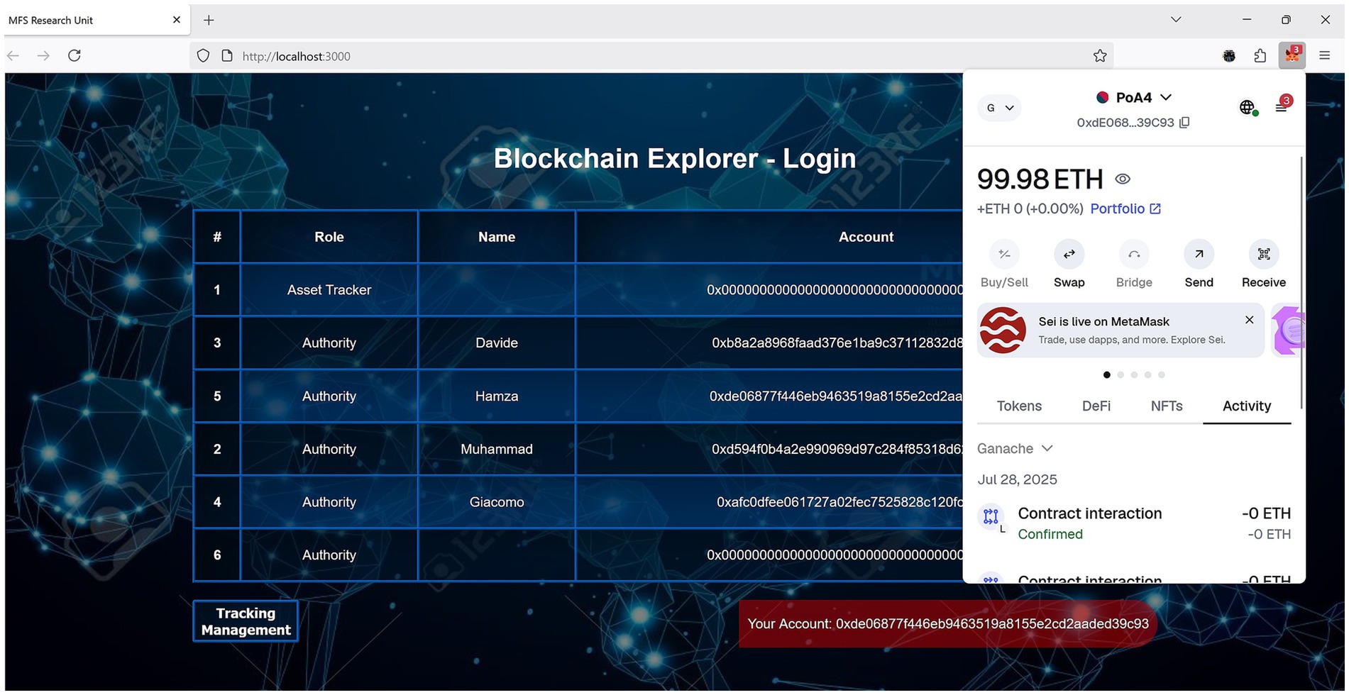 Blockchain explorer showing smart contract transactions for Synthetix