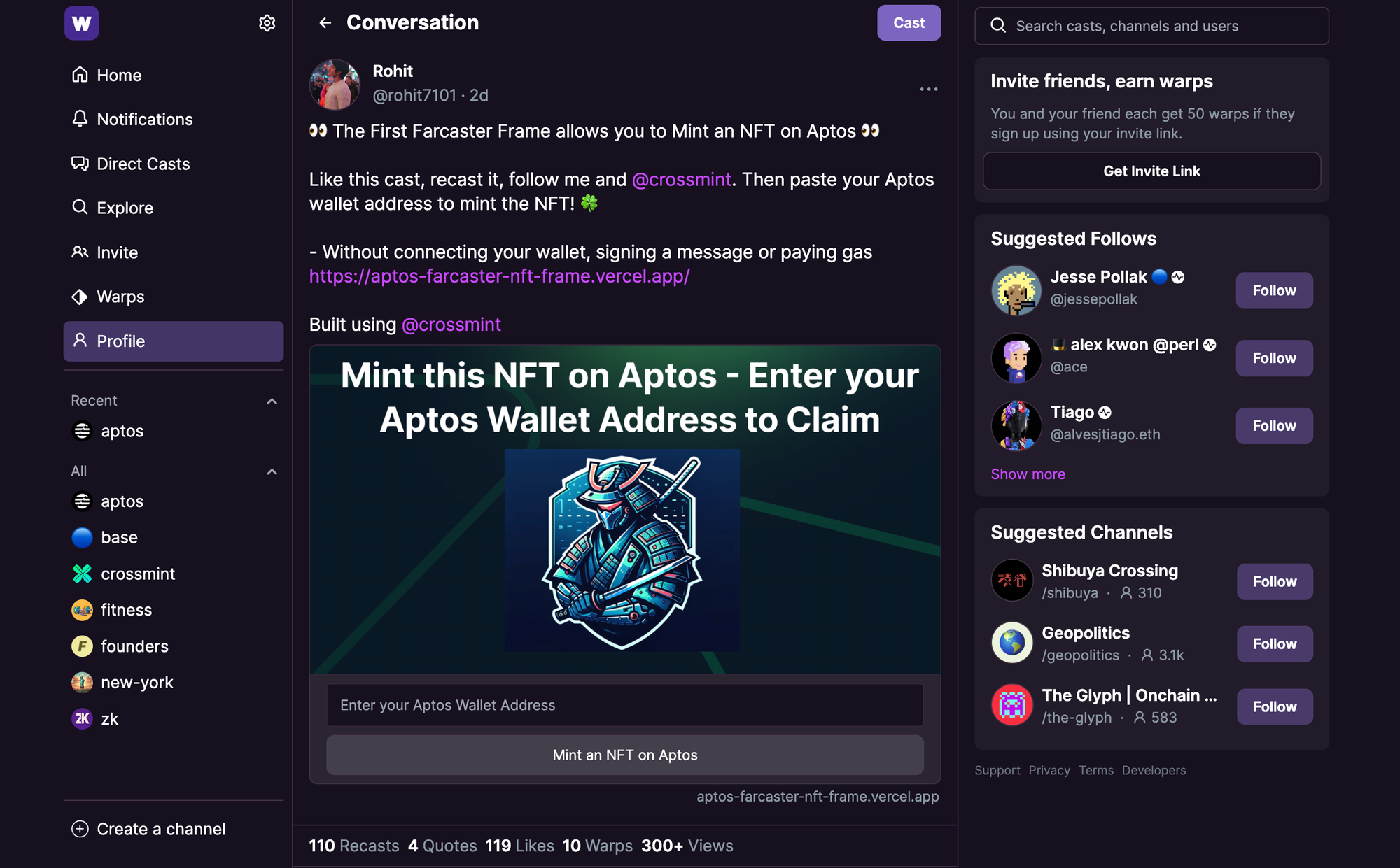 Farcaster Channels and Frames interface screenshot