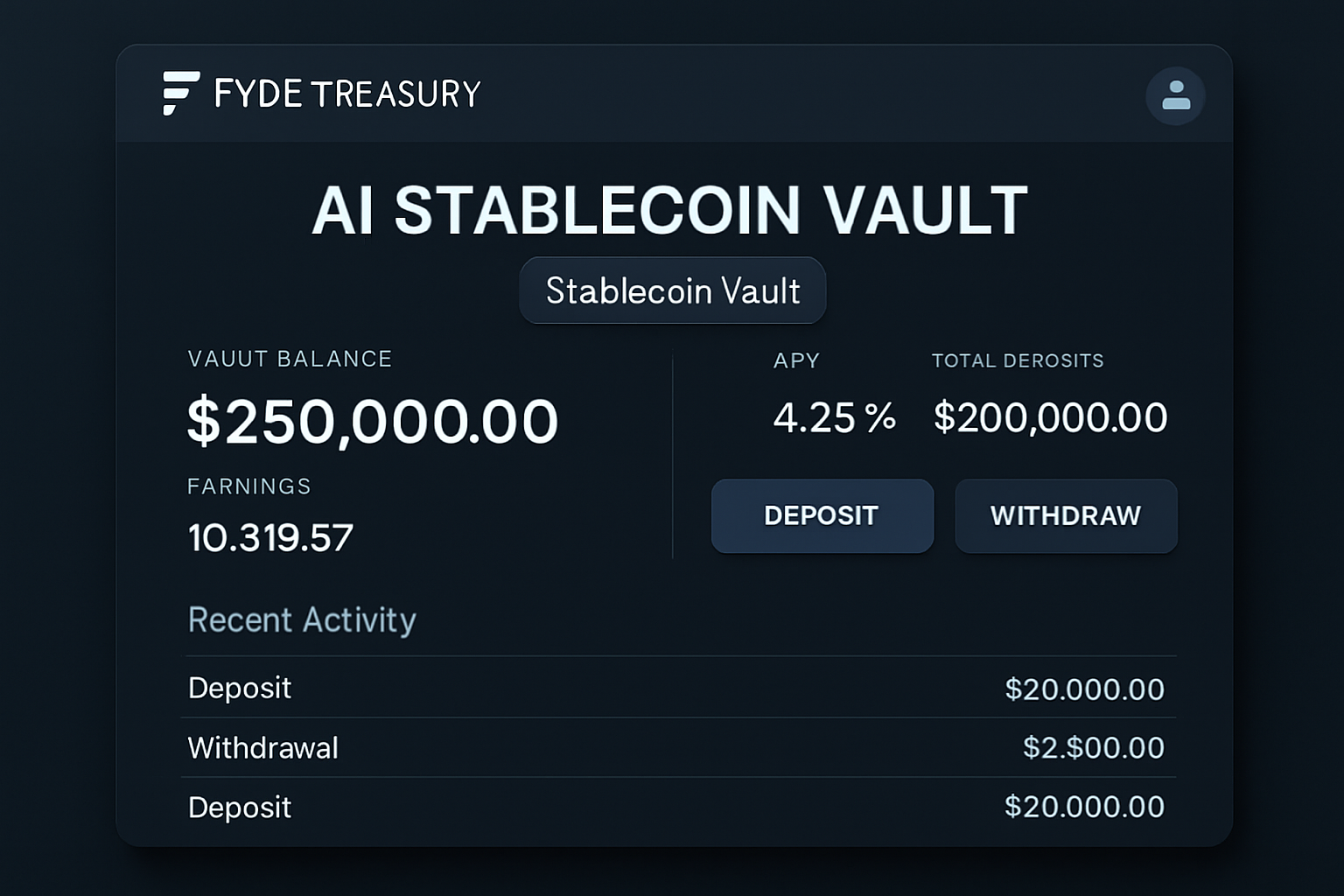 Fyde Treasury AI stablecoin vault interface