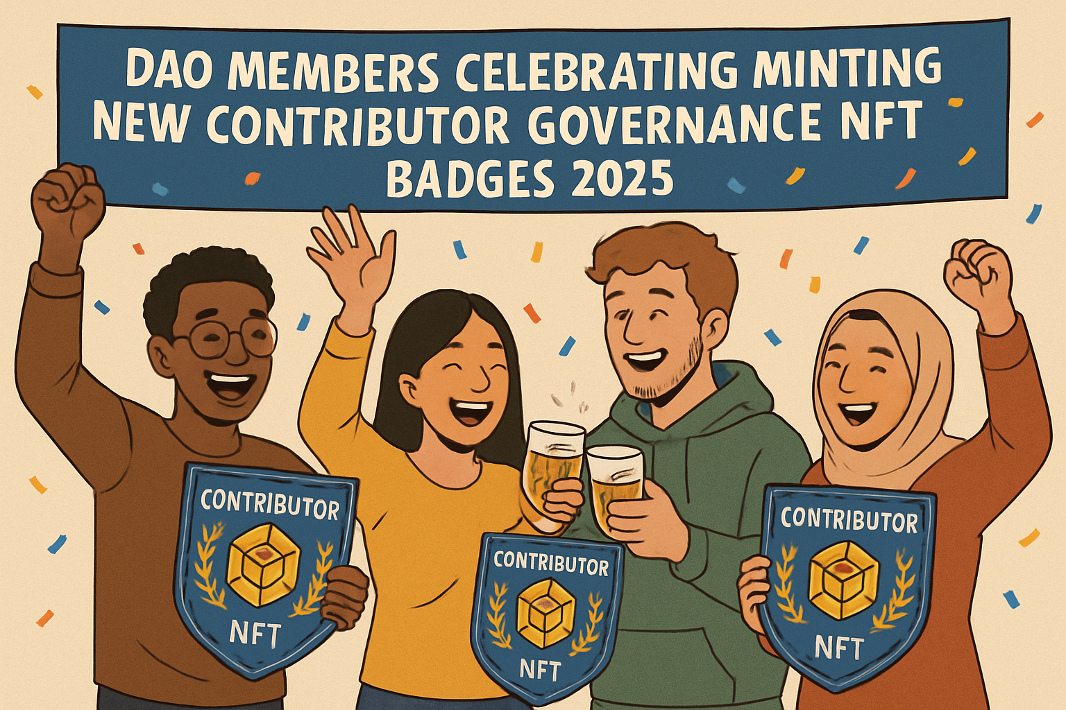 DAO members celebrating the minting of new governance NFT contributor badges in 2025, showcasing digital badges, collaboration, and on-chain verification