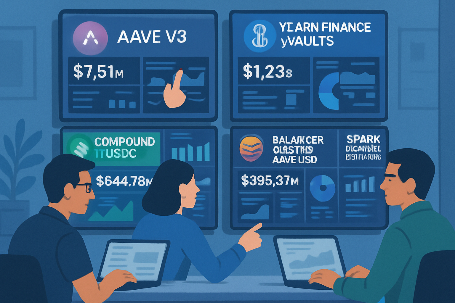 DAO treasurers analyzing stablecoin vault performance dashboards for Aave V3, Yearn Finance, Compound III, Balancer Boosted Aave USD, and Spark Protocol DAI in 2025