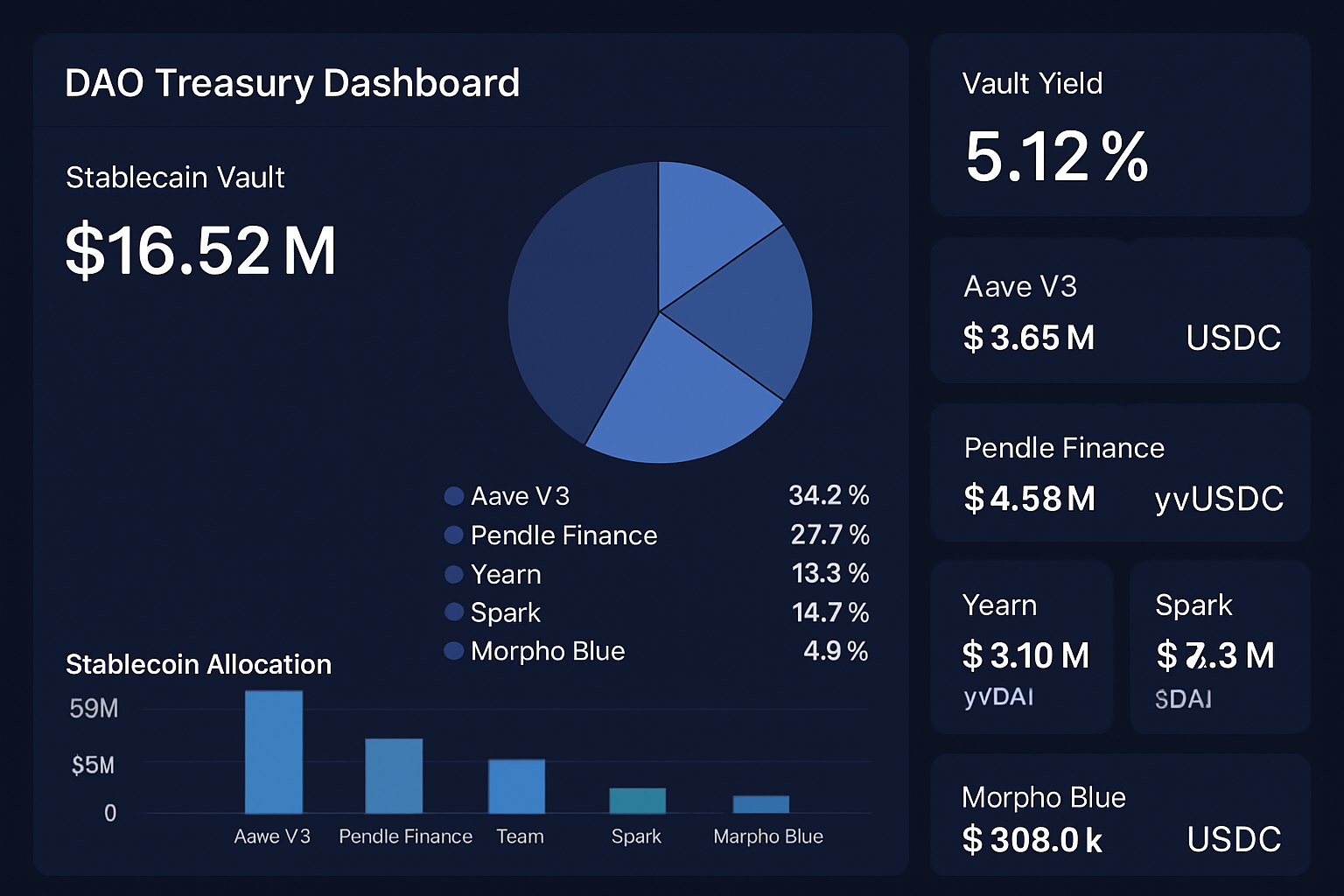 DAO treasury dashboard displaying analytics for top stablecoin vaults including Aave V3 USDC, Pendle Finance, Yearn yvUSDC/yvDAI, Spark sDAI, and Morpho Blue USDC Lending Vaults in 2024