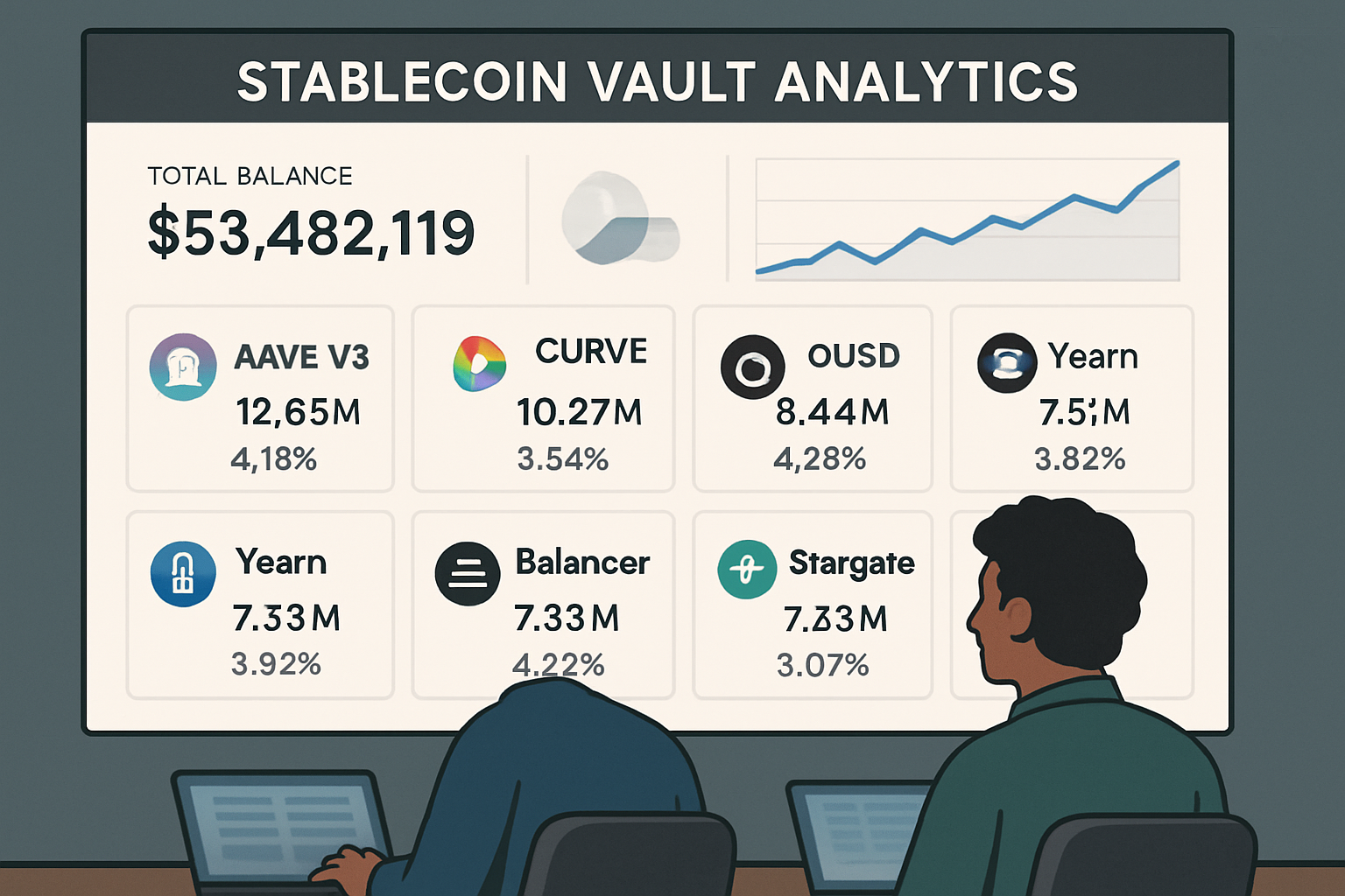 DAO treasury managers analyzing stablecoin vault strategies like Aave V3, Curve Finance, OUSD, Yearn, Balancer, and Stargate on a DeFi dashboard for secure yield optimization in 2024.