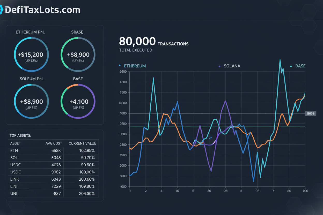 Dashboard screenshot of DefiTaxLots.com showing real-time onchain PnL tracking across Ethereum, Solana, and Base blockchains with 80K+ transactions visualized for DeFi tax lots