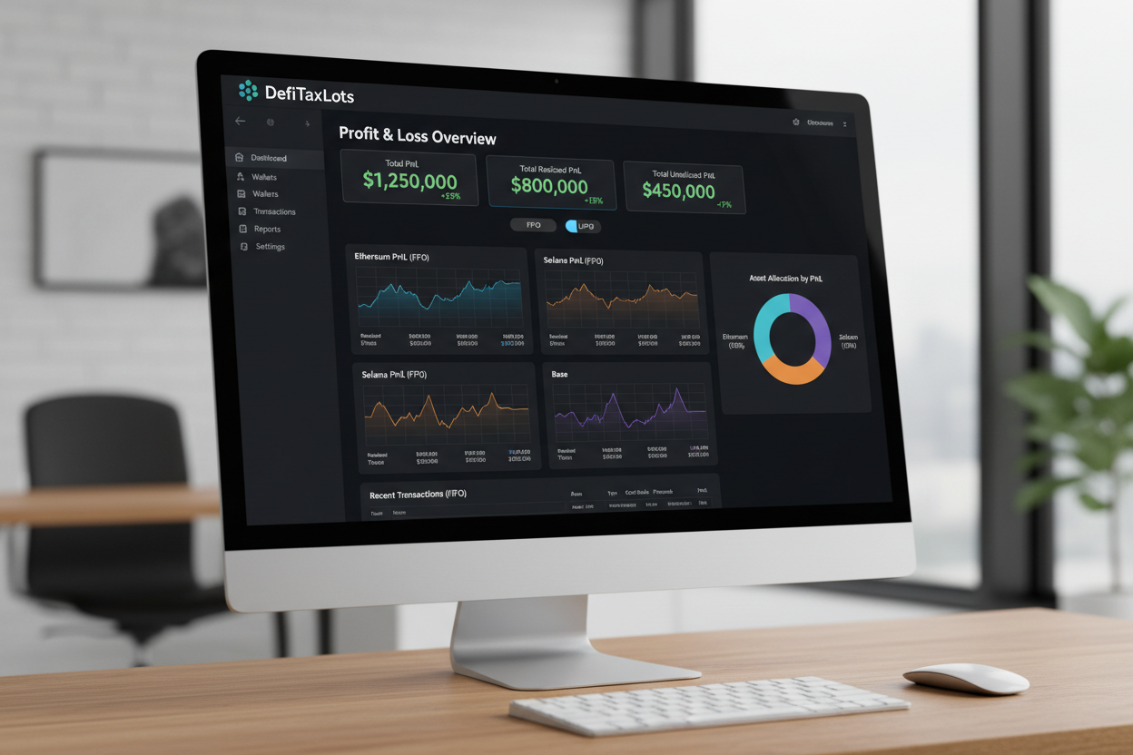 Dashboard screenshot of DefiTaxLots.com showing real-time onchain PnL tracker with FIFO and LIFO tax lots visualization across Ethereum, Solana, and Base blockchains