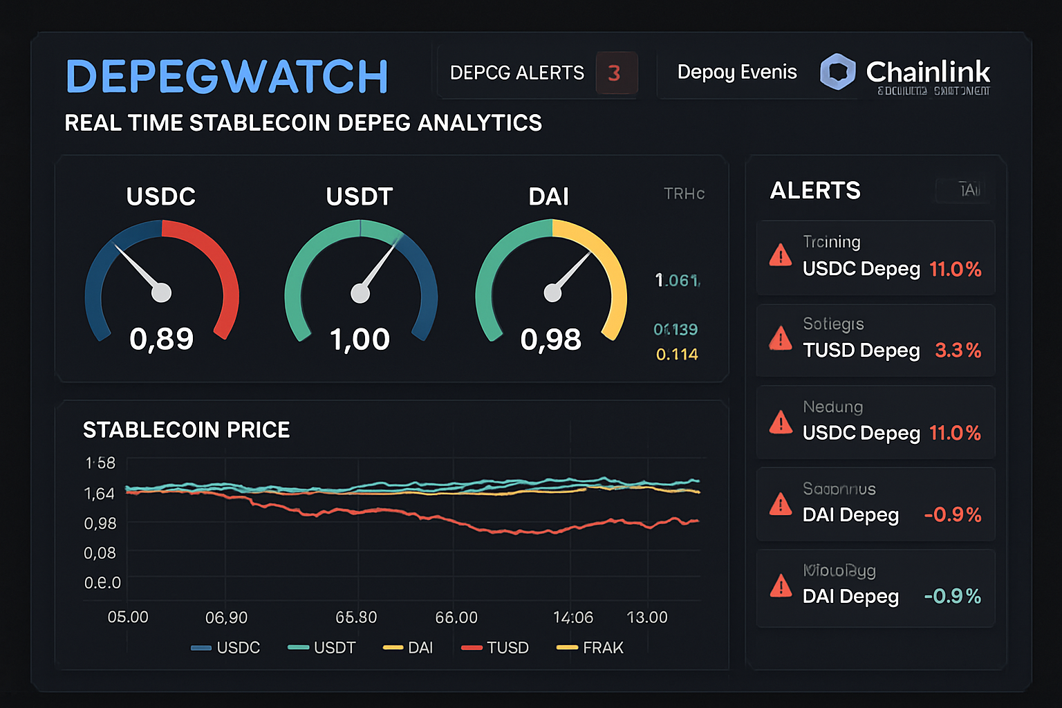 Real-time DeFi dashboard monitoring stablecoin depeg risk analytics, featuring DepegWatch and Chainlink Proof of Reserve alerts for USDC, DAI, and USDT.