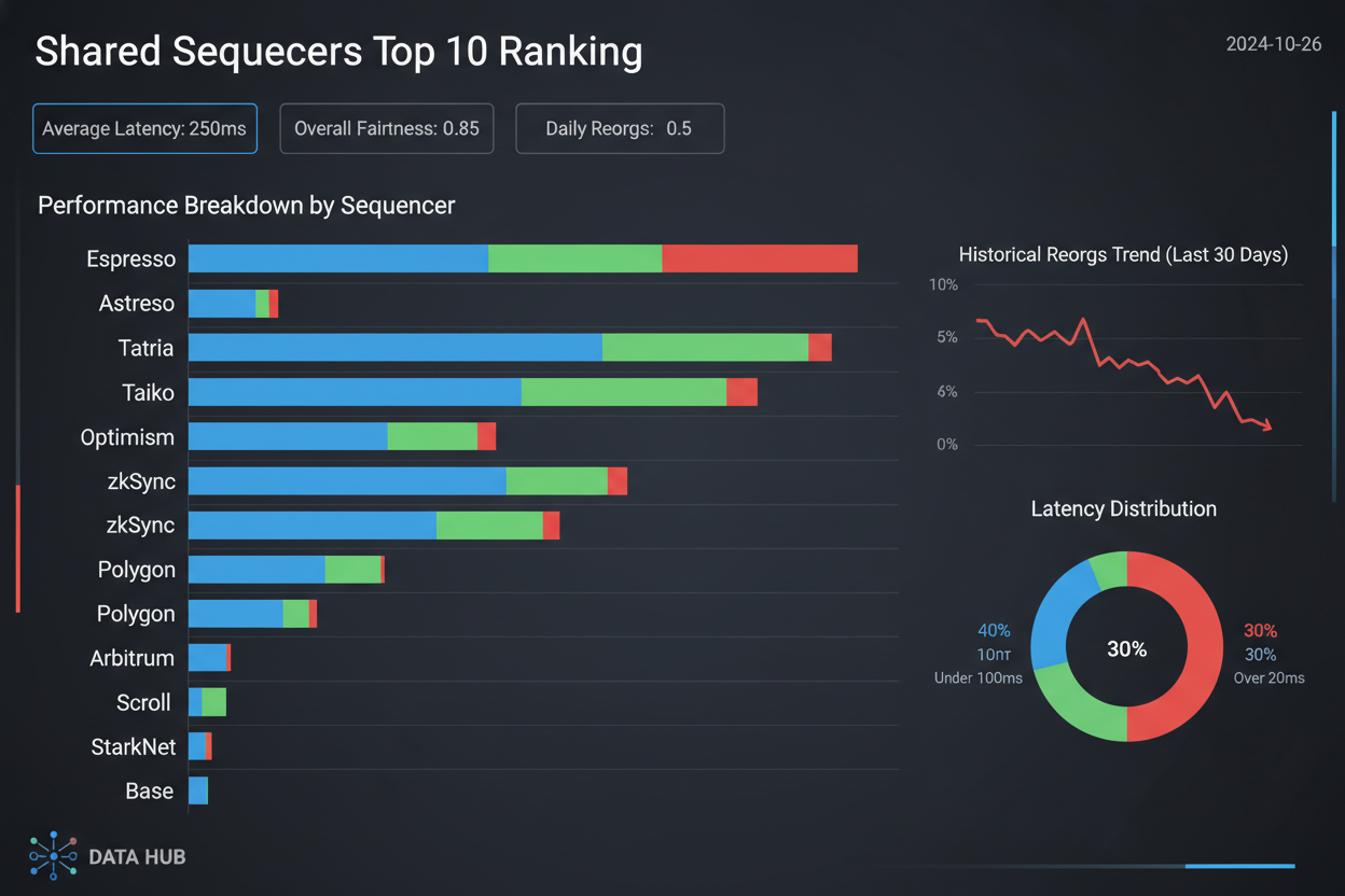 2026 top 10 shared sequencers dashboard ranking Espresso Systems, Astria Network, Yapper Radius, Conduit, Taiko Protocol, Metis Andromeda, Scroll DSeq, Optimism Superchain, Polygon AggLayer, zkSync Elastic by latency fairness reorgs benchmarks