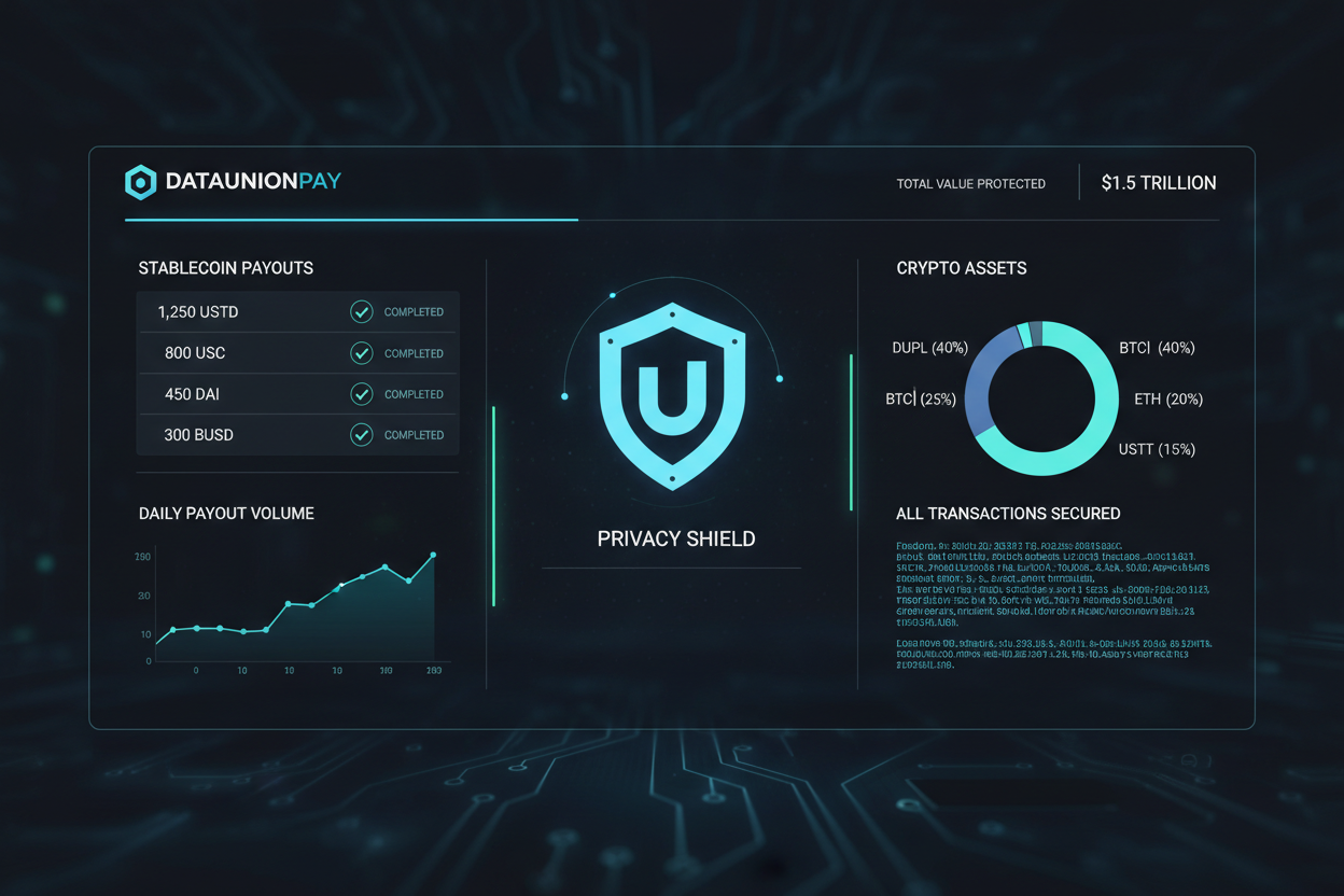 DataUnionPay dashboard screenshot showing stablecoin payouts to privacy-protected data contributors, alternative to Twitter monetization