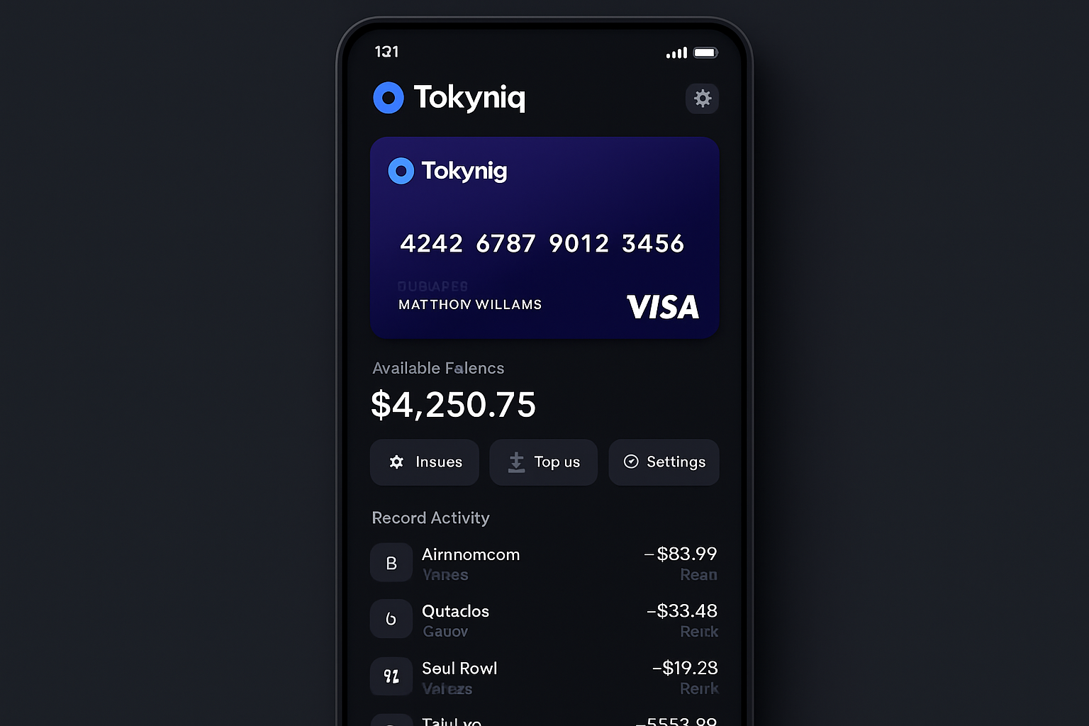 Tokyniq virtual crypto card app interface
