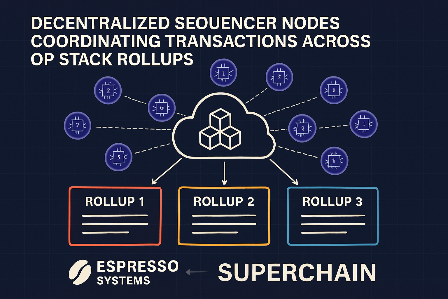Decentralized sequencer nodes coordinating transactions across multiple OP Stack rollups for unified liquidity and interoperability in Ethereum Superchain ecosystems