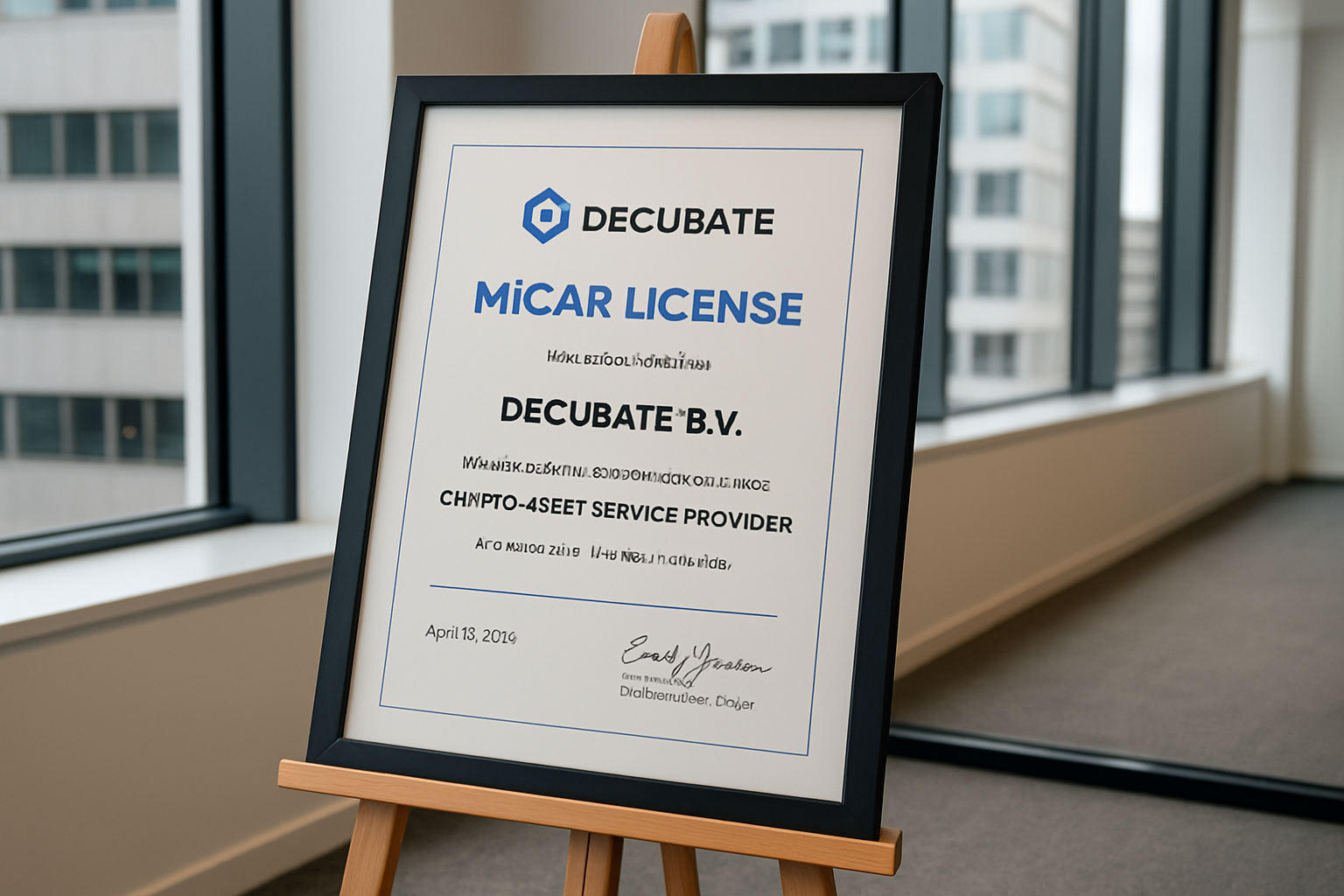 Decubate MiCAR license certificate displayed at Amsterdam headquarters office