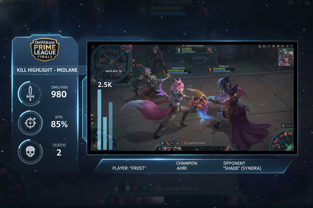 DenVoksne LoL midlaner in action during Prime League Finals kill highlight with KDA stats overlay for esports betting props like kills over 6.0