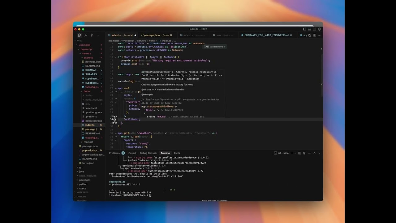 Developer dashboard displaying X402 payment integration with Coinbase for secure crypto transactions