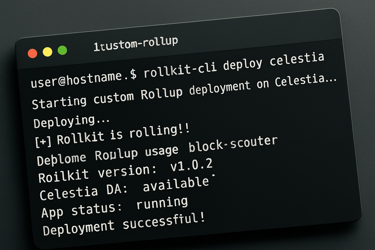 Developer deploying a custom rollup on Celestia using Rollkit CLI terminal commands