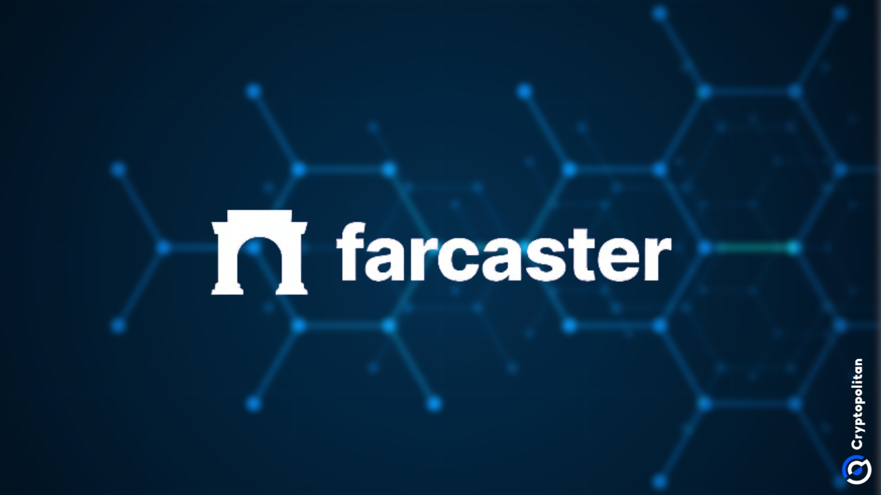 Developer coding decentralized social app with Farcaster and Lens Protocol logos on screen