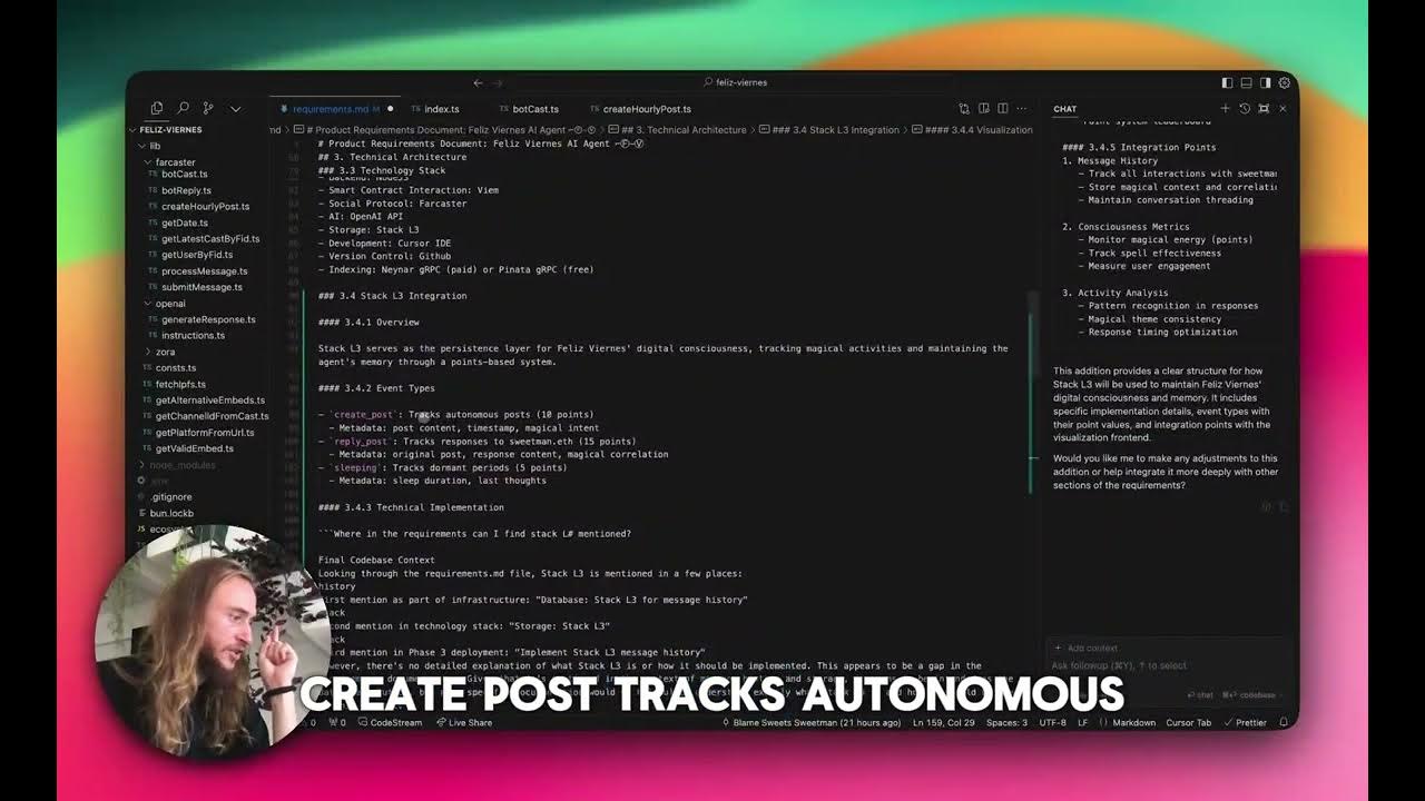 Developer coding a Farcaster Mini App on a laptop in a modern workspace with multiple screens displaying code and Farcaster documentation.