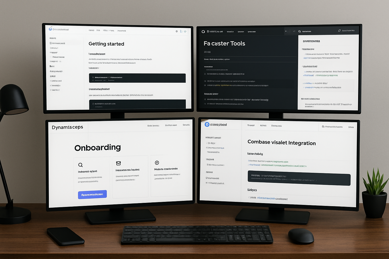Developer using multiple monitors to review Base SDK documentation, Farcaster, Lens Protocol, Dynamic.xyz, and Coinbase Wallet integration for SocialFi app development